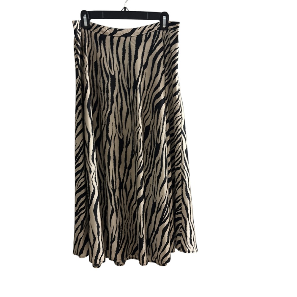 WD NY Zebra Print Midi Skirt Black Tan Satin A-Line Side Zip Large